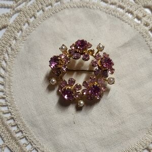 Vintage Gold and Pink Floral Brooch